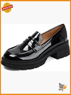 Patent Leather Chunky Loafers for Women - Comfortable Slip-On Shoes for Work &